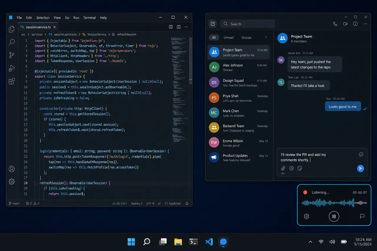 Глаголь работает одновременно в редакторе кода и мессенджере на одном экране Windows